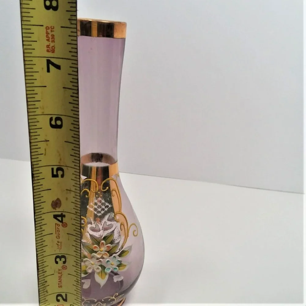 Purple Bud Vase VTG Norleans Floral Art Hand Painted Enameled Flowers Gold Trim
